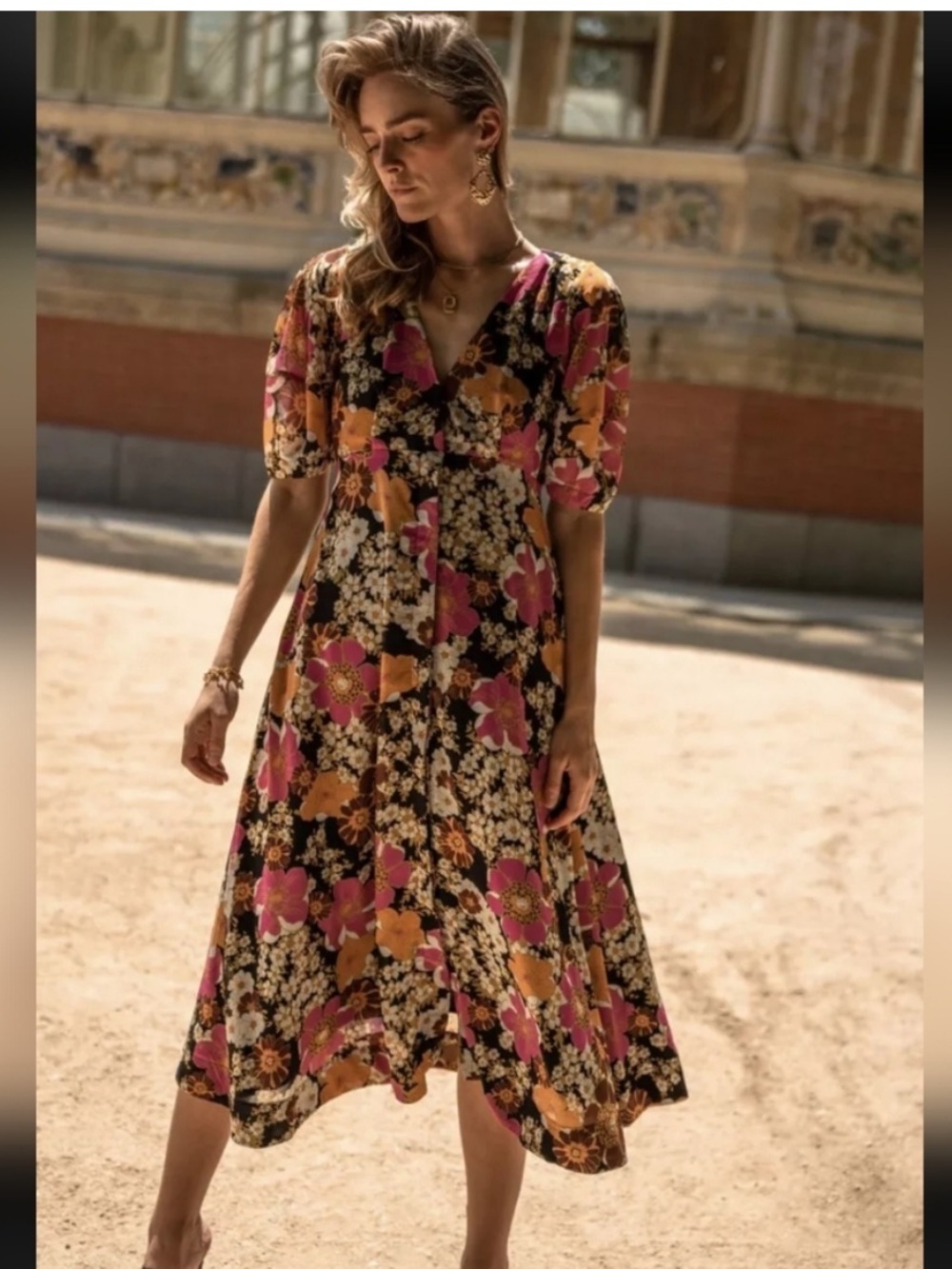 Bohmë Floral V‑Neck Midi Dress with Pink and Orange Blooms